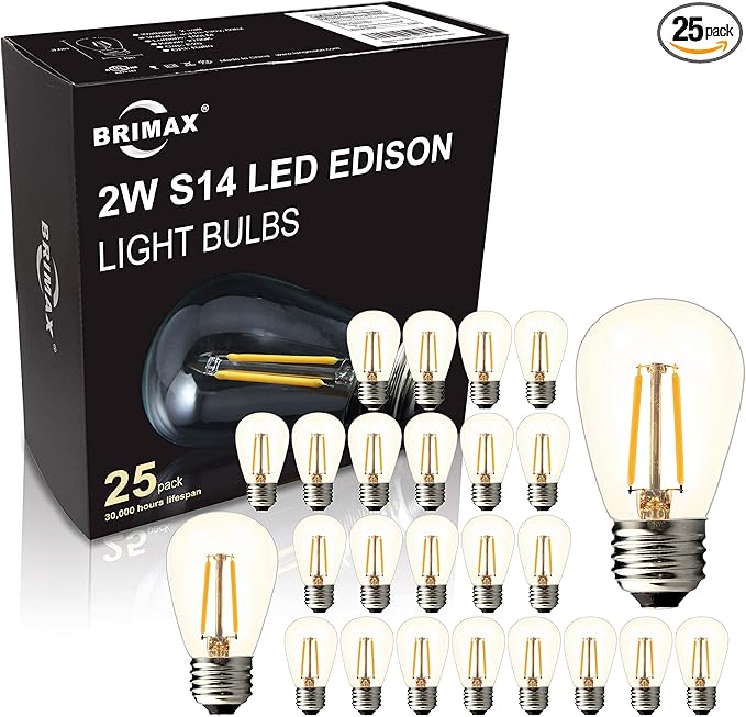BRIMAX 25 Pack 2W S14 Replacement LED Light Bulbs for Outdoor String Lights, 2200K Warm White, Shatterproof & Waterproof,E26 Medium Base Vintage Edison Light Bulbs
