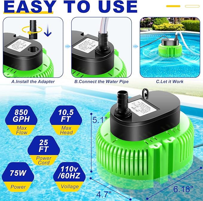 Pool Cover Pump above Ground-Submersible Sump Pump Swimming Water Removal Pumps, Sump Pump for Pool Draining with 16ft Drainage Hose & 25 ft Extra Long Power Cord,850 GPH,3 Adapters-Green