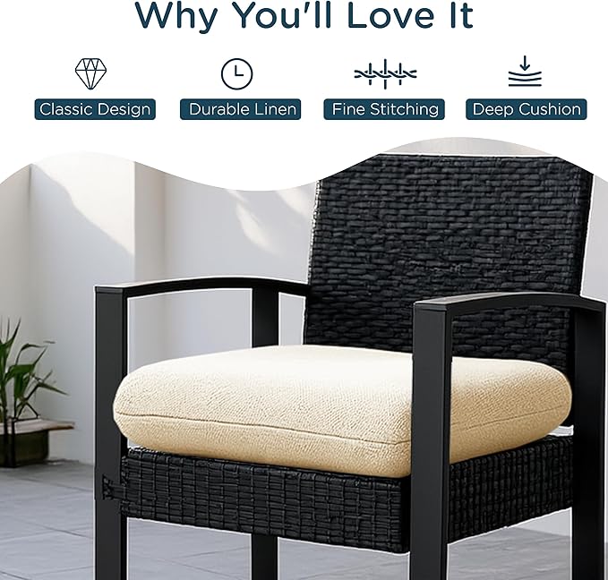 Codi Patio Chair Cushions 19x19 Inch, Waterproof Seat Cushion for Outdoor Furniture with Textured Fabric, Handles & Adjustable Straps, Fade Resistant - Set of 2, Beige