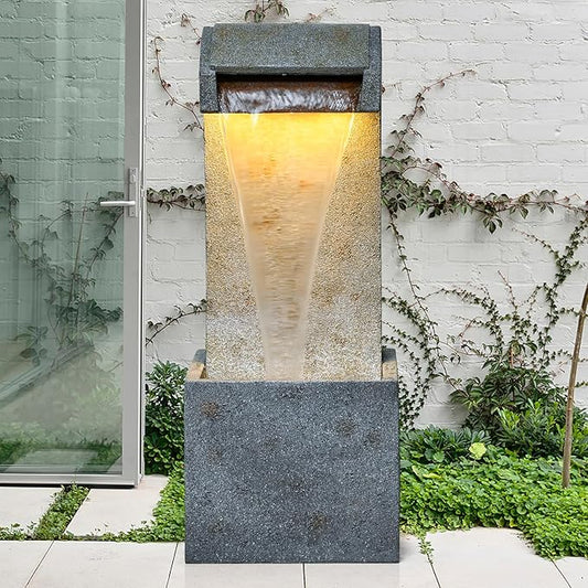 35.83'' Outdoor Garden Cascading Stone Floor-Standing Waterfall Fountain with LED Lights for Patio, Backyard, Deck, Porch and Home Art Decor