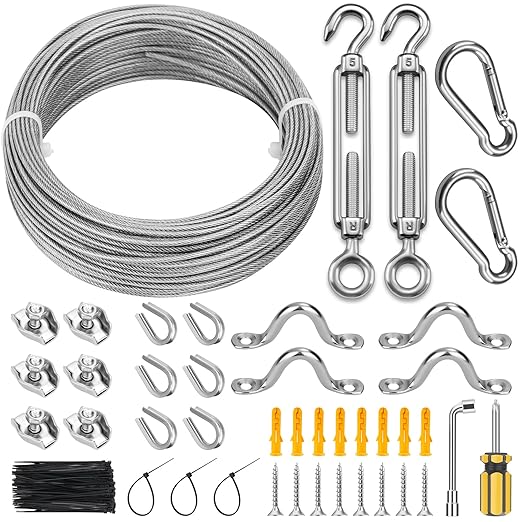 120Ft 1/16" Stainless Steel Wire Rope Kit, Vinyl Coated Cable, Turnbuckles for Tension Clothesline Outdoors, Hooks for String Light Hanging, Shade Sail Hardware