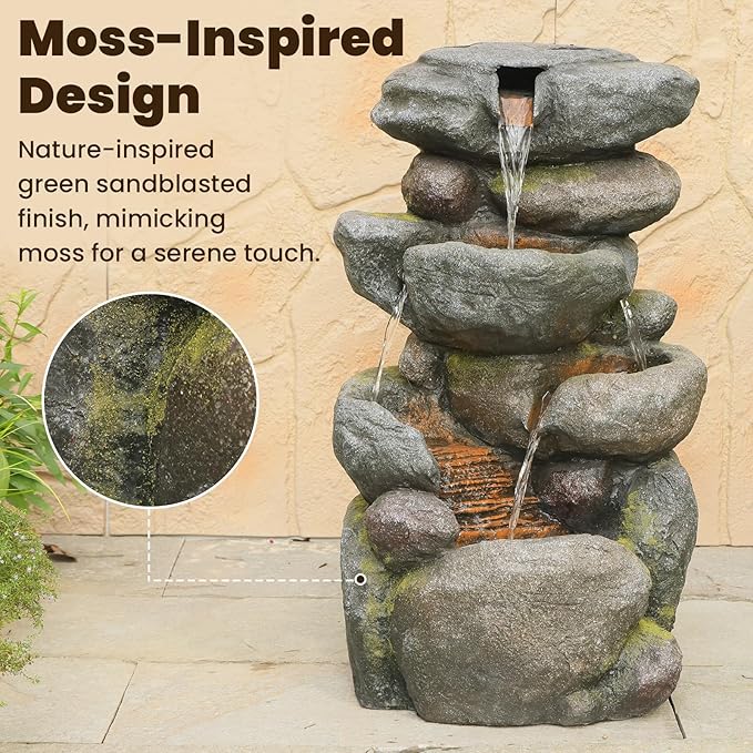 Outdoor Water Fountain 4-Tiers Rock Cascading Indoor Floor-Standing Resin Bubbler Fountain Features Garden, Patio, Yard, Lawn and Home Art Decor, 29“H