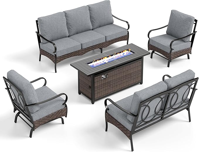 PHI VILLA Patio Furniture Set with 56" Fire Pit Table, Premium Outdoor Wicker Metal Frame Furniture with Upgraded Waterproof Thick Cushions for Porch, Poolside, Deck, and Yard