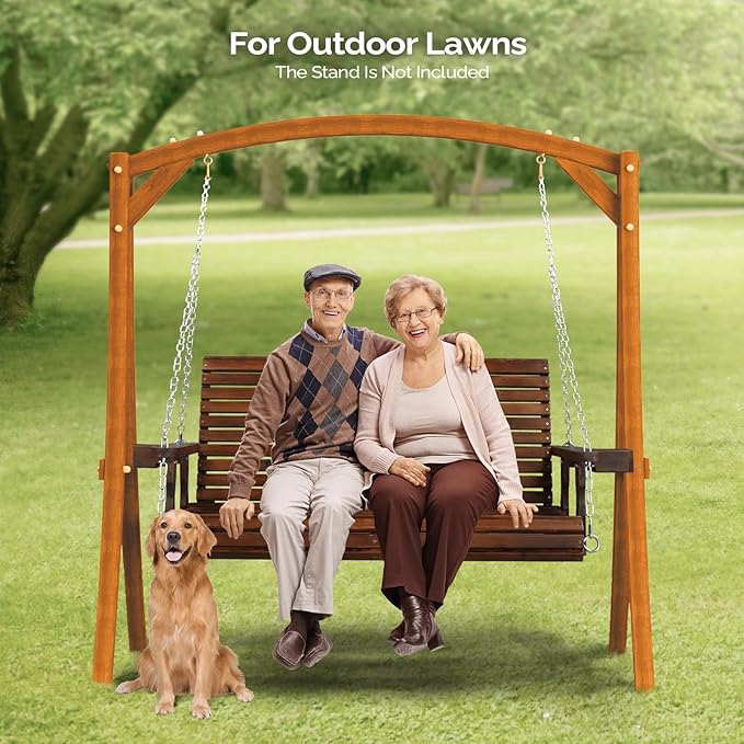 VINGLI XL Size Patio Wooden Porch Swing Outdoor with Cup Holders, Heavy Duty 880 LBS Hanging Swing Chair Bench with Hanging Chains for Yard, Lawn, Garden (4 FT Pro, Rustic)