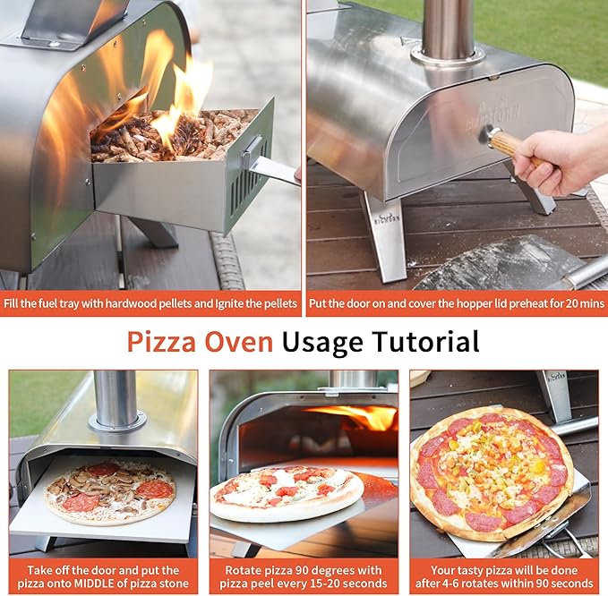 BIG HORN OUTDOORS Pizza Ovens Wood Pellet 12” Pizza Oven Cooking Pizza Maker Portable Stainless Steel Pizza Grill, Silver Portable Party use