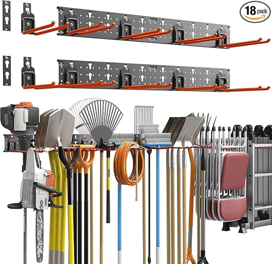TORACK Garden Tool Organizer Wall Mount, Garage Folding Chair Storage Rack, Tools Rack for Shovels, Rakes, Broom, Ladders, Hooks for Keyhole Style Shelving Unit
