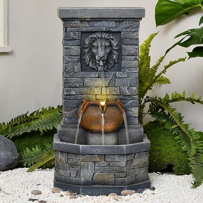 32.28'' Outdoor Garden Floor-Standing Water Fountain Lion Head Stone with Lights Outdoor Waterfall for Patio, Backyard, Deck, Porch and Home Art Decor