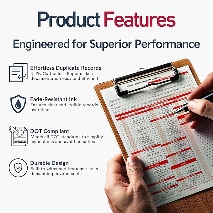 100 Pack 3-Ply Carbonless Annual Vehicle Inspection Report Forms with FMCSA Red Aluminum Labels & White Mylar Laminate Vinyl Labels, DOT Inspection Forms and Stickers, Shrink-Wrapped, 8.5" x 11.75"