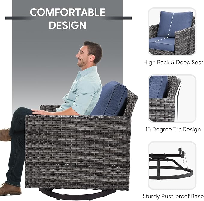 5 Piece Wicker Patio Furniture with Fire Pit Table - Outdoor Conversation Set with 50,000 BTU Fire Pit, All Weather Rattan Patio Set for Deck Backyard Garden - Grey Wicker Blue Cushion