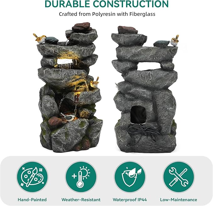 31.5" H Multi-Tier Rock Outdoor Water Fountain with LED Lights and Pump, Garden Fountain Waterfall for Patio, Porch, or Yard