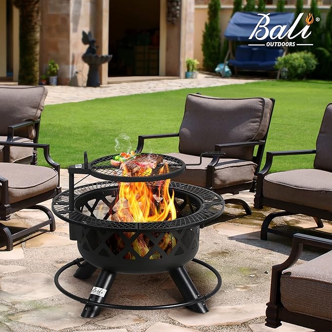 BALI OUTDOORS Fire Pit with Poker, 32 inch Outdoor Fire Pit Patio, Wood Burning Firepits for Outside with Grill