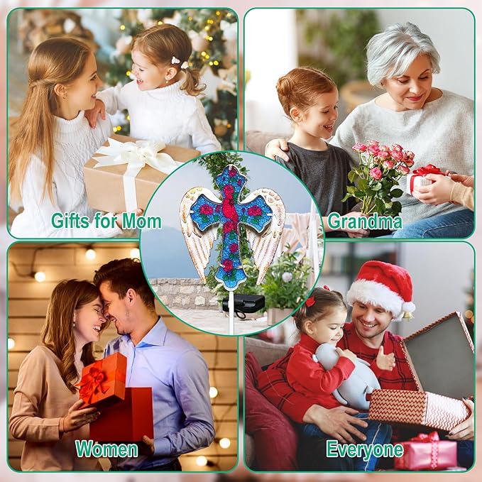 YJFWAL Cardinal Bird&Rose Cross Garden Stake Light, Solar Glass Cross for Cemetery Grave, Jesus Cross Angel Wings Sympathy Memorial Gifts, Halloween Christmas Garden Lawn Yard Patio Decor