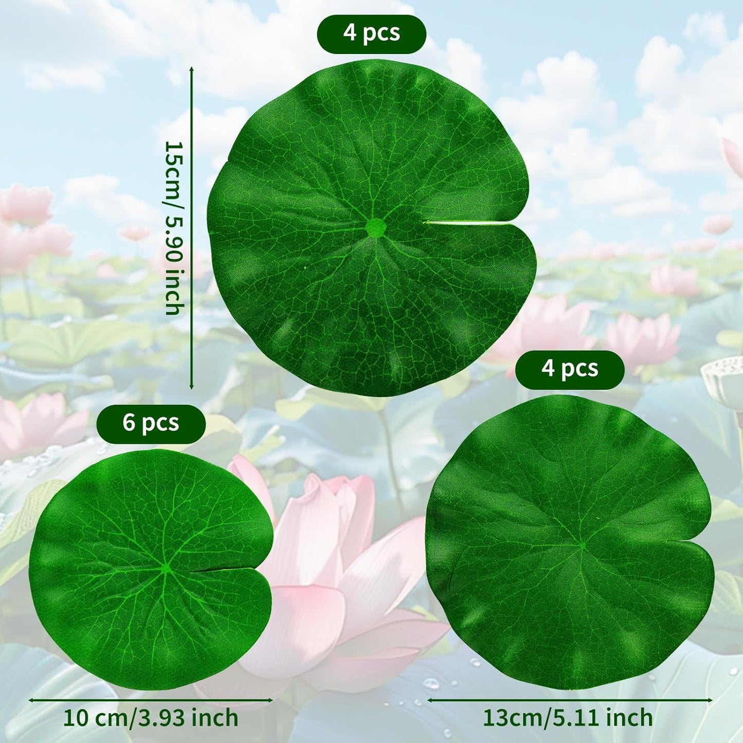 14PCS Artificial Fake Lily Pads, Realistic Water Floating Fake Lilying Pad for Pond, Artificial Floating Foam Lotus Leaves for Koi Fish, Water Lilys Pads Foliage Pond Decor for Pool (3 Size)