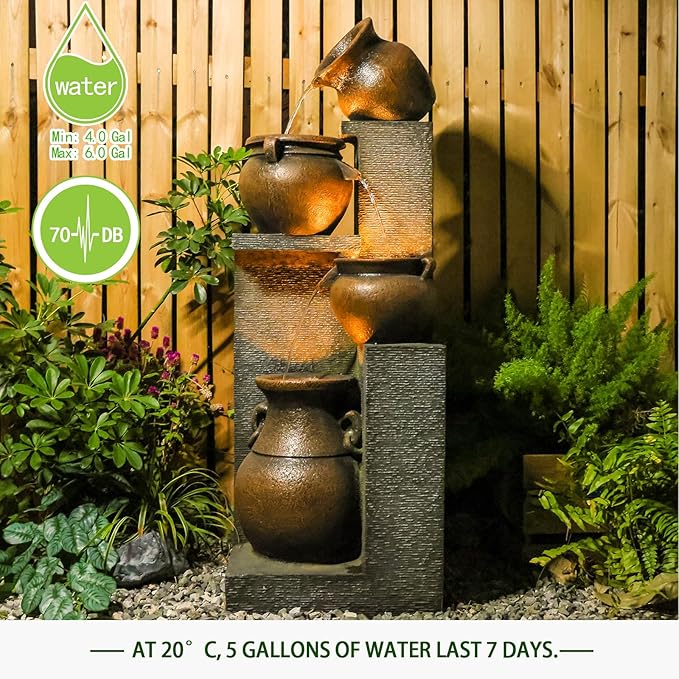 53" H Large Outdoor Water Fountain with Lights - 4 Tiered Cascading Bowls Waterfall Fountain for Garden, Patio, Backyard, Porch Inside - Freestanding Outdoor Water Feature Gold