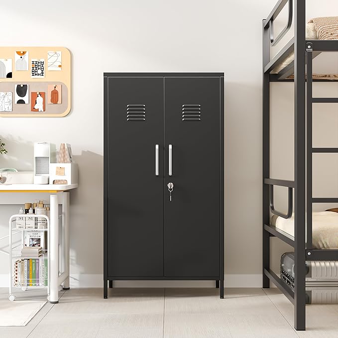 47" Metal Storage Locker, Lockable Employees Metal Locker with 2 Door and Adjustable Shelves, Steel Locker for Home, School, Office, Gym (Black)