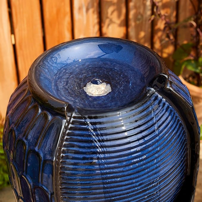 Glitzhome 28.25" H Oversized Ceramic Petals Textured Jar Outdoor Water Fountain, Vintage Cobalt Blue Glaze Vase Patio Garden Waterfall Fountain with LED Light and Submersible Pump