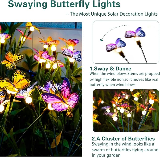 TONULAX Solar Garden Lights - Swaying Butterfly Light, Swaying in The Wind, Solar Outdoor Lights, Yard Patio Pathway Decoration, High Flexibility Iron Wire & Realistic Butterflies(4 Pack)