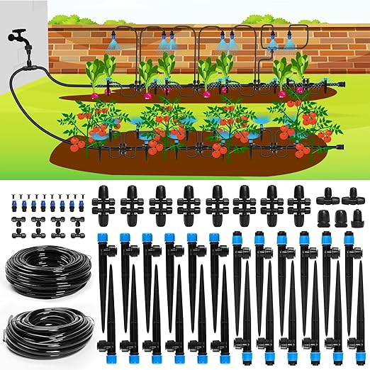 Bonviee Drip Irrigation System, 230FT Garden Watering System with Quick-to-Connect Fittings, Adjustable Drip Emitters, 1/4” & 5/16” Tubing, Drip Irrigation Kit for Raised Garden Beds, Greenhouse, Lawn