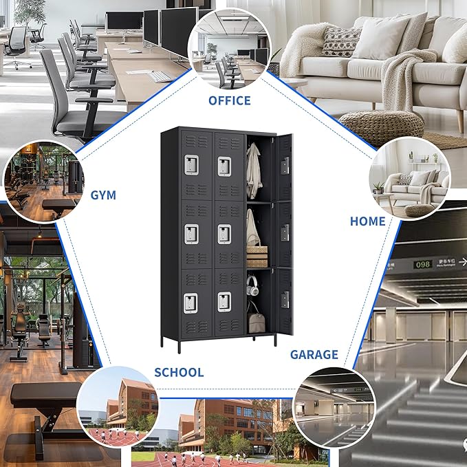 9 Doors Employee Lockers for Office, Metal Sorage Locker Combination, Lockable Employees Metal Locker With Door, Industrial Storage Lockers for Home, School, Gym