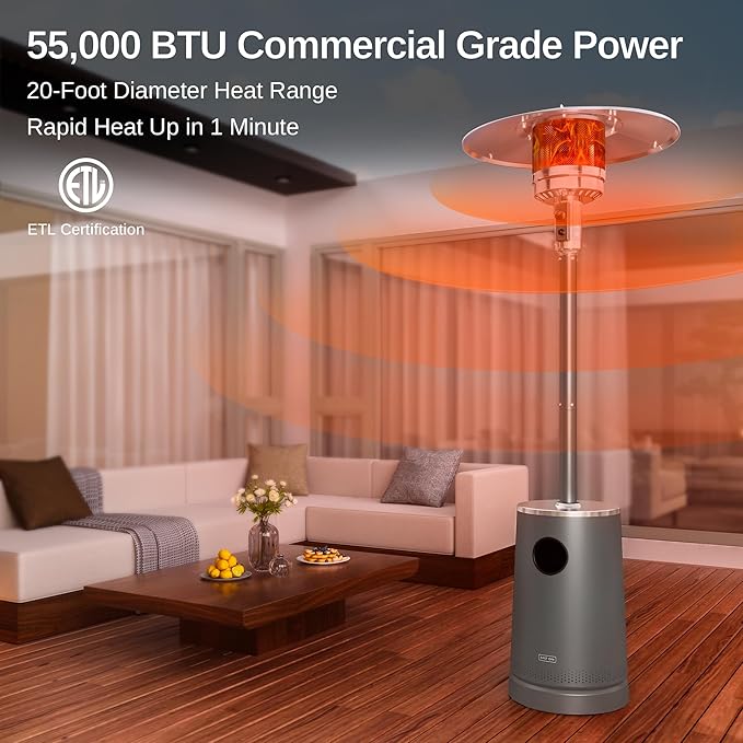 EAST OAK 55,000 BTU Patio Heater with Sand Box, Table Design, Thicker Stainless Steel Burner, Wheels, Triple Protection System, Propane Outdoor Heater for Home and Residential, Commercial Grade, Grey
