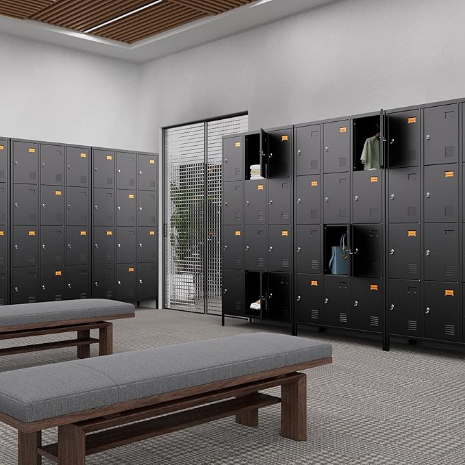 12 Doors Metal Lockers for Employees with 12 Hooks, Storage Locker with Business Card Holder for Office Gym School Bedroom, Assembly Required, Black