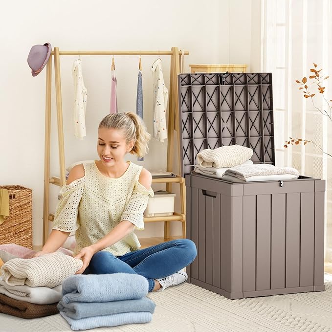 DRATO 50 Gallon Deck Box, Outdoor Storage Box for Patio Cushion, Sports Equipment, Garden Tools, Waterproof Patio Storage box, Lockable (Light Brown)