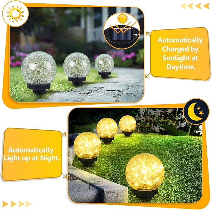 2-Pack Garden Solar Lights Outdoor, Cracked Glass Ball Light Waterproof, Decorative Solar Globe Lights Warm White for Yard Pathway Patio Lawn