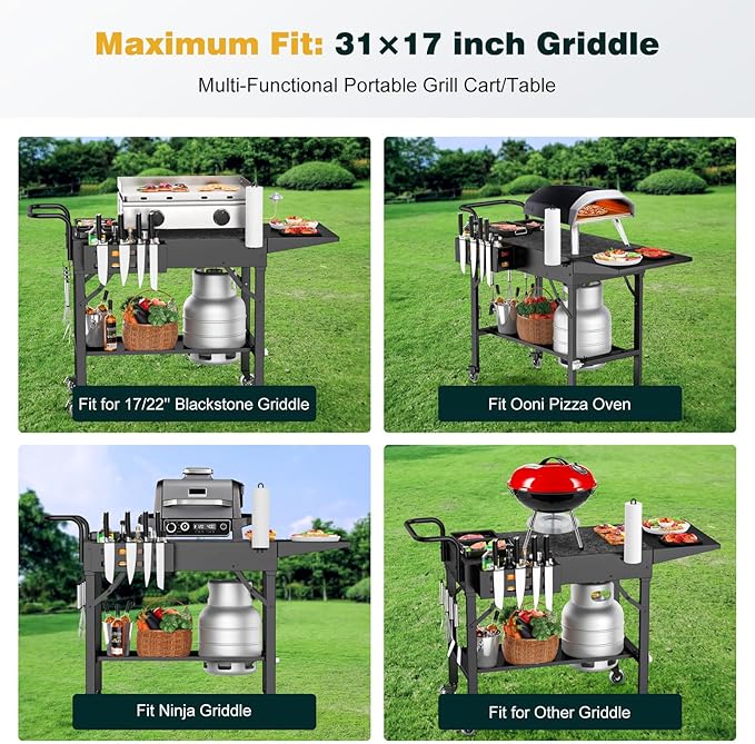 Outdoor Griddle Table, Blackstone Griddle Stand, 440lbs Folding Grill Cart, Pizza Oven Table Stand for Onni,Food Prep Table with Wheels for Outdoor BBQ Camp Ninja Woodfire Grill Stand, 31"W x 17"D