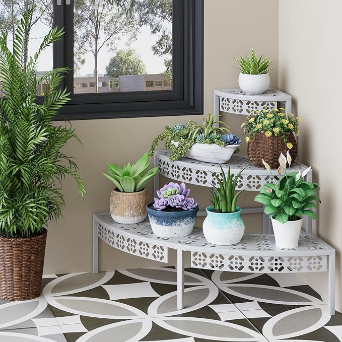 3 Tier Plant Stand Semi-Circular Flower Pot Organizer Rack Quarter Round Plant Display Holder Outdoor Storage Shelves Metal Corner Shelf Planter Shelving Ladder Plant Stand for Indoor Use(White)