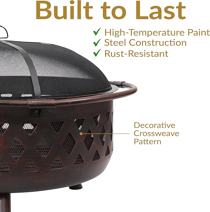 Sunnydaze Crossweave Outdoor Fire Pit - Wood-Burning Fire Pit for Outside with Spark Screen, Poker and Round Cover - 36-Inch - Bronze