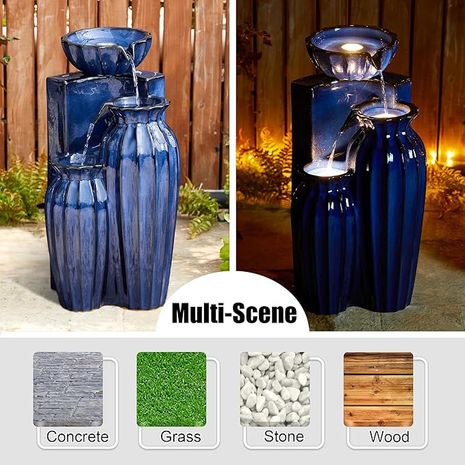 Glitzhome 26.75" H Ceramic Outdoor Water Fountain with LED Lights and Pump, Cobalt Blue Fluted Texture Cascading Waterfall Floor Standing Fountain for Porch Deck Garden Patio Backyard