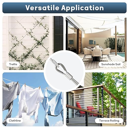 1/8 Inch Stainless Steel Cable 200FT, 7x19 Strand Wire Rope Kit with Thimbles, Clips & Aluminium Sleeves for Plants Climbing, Deck Fence Railing, String Light Haning and DIY Projects