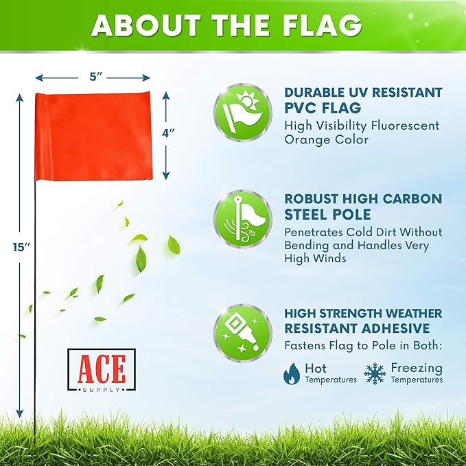 Fluorescent Orange Yard Marking Flags - 4x5x15 Inch Marker Flags - 50 Pack - Markers For Lawn, Irrigation, Landscaping, Survey & Sprinkler Head Marking