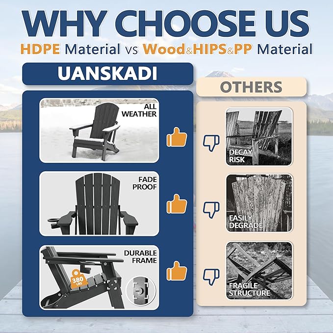 Folding Adirondack Chair Set of 4 with Cup Holder, HDPE All Weather Resistant Plastic Outdoor Patio Chairs, Heavy Duty Fire Pit Seating for Backyard Lawn Garden, Wooden Textured Design(Gray)