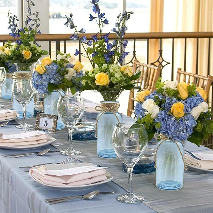 Vintage Glass Flower Vase，12 Pack Blue Farmhouse Glass Centerpiece Vases Mason Jars for Weddings, Parties & Home Decor Bulk (12, Blue)