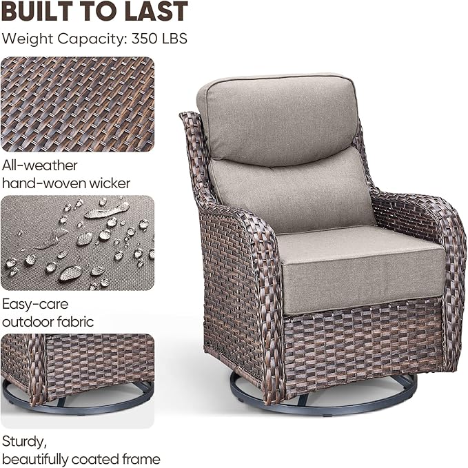 Swivel Patio Chairs sofa Set of 4 with 6" Thick Cushion - Wicker Outdoor Swivel Rocker Patio Chair ,Sofa/Glass coffee table, High Back Comfortable Outdoor Glider Chairs - Brown Wicker Grey Cushions