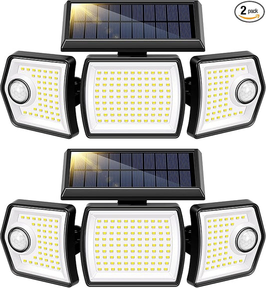 VIVOHOME Linkable Solar Lights Outdoor, Dual Roating Motion Sensor Flood Lights Solar Powered Security Light with 3 Heads, 2500LM, IP65 Waterproof for Outside, Yard, Garage, Wall, Patio, 2 Pack