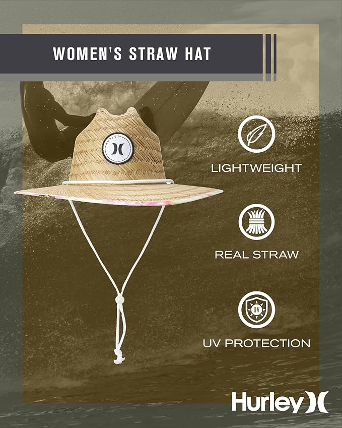 Hurley Women's Straw Hats - Real Straw Hat Medium Brim and Adjustable Chin Strap