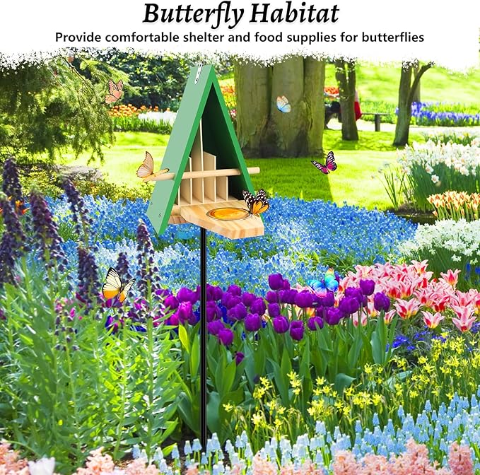 2025 New Butterfly House and Feeder for Outside, Wooden Butterfly House with Metal Stake for Garden, Natural Butterfly Habitat with Butterfly Puddler on The Floor or Hanging on Tree Wall