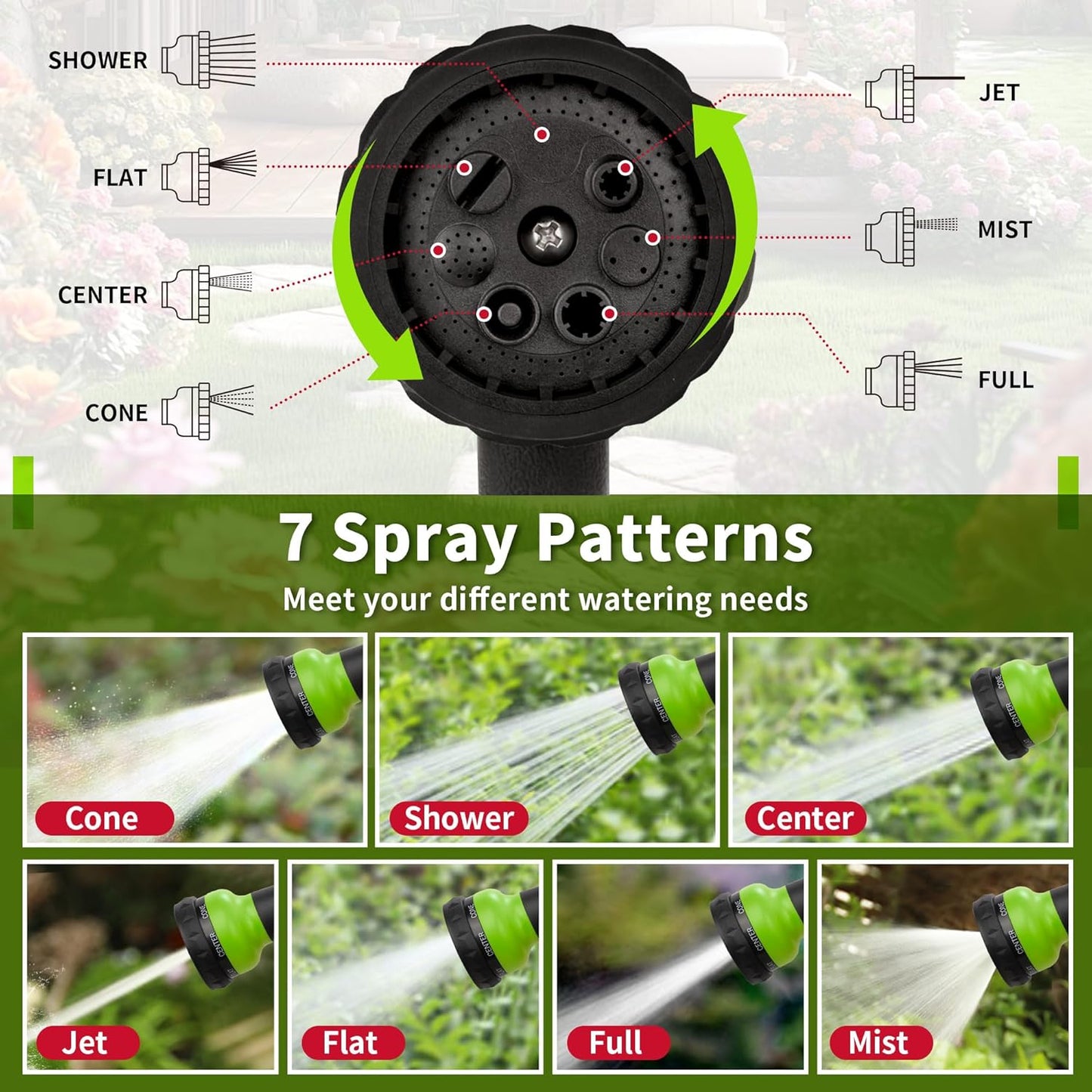 NEXCOVER Garden Hose Nozzle Sprayer - 7 Adjustable Watering Patterns Nozzle for Water Hose, Non-Slip Garden Spray Nozzle for Car Washing, Watering Plants, Pets Showering, Lawns Cleaning, Green