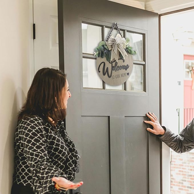 3D Welcome Sign for Front Door | Home/Farmhouse Porch Décor Wooden Hanging Sign with Artificial Leaves and Rustic Beads | Christmas Classroom |12" Round
