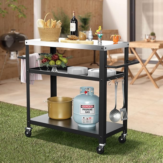 Outdoor Grill Cart with Three-Shelf, Stainless Steel Pizza Oven Table for Outside, Dining Kitchen Cart with Two Side Handle, Garden Patio BBQ Kitchen Food Prep Table Cart (Black)