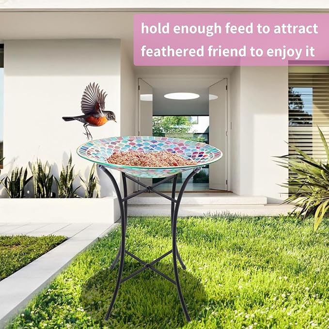 VCUTEKA Bird Baths for Outdoors, Mosaic Bird Bath with Metal Standing for Garden, Yards Patio Décor, Bird Lovers Gift, Glass Birdbath Detachable (20" H * 14" W)