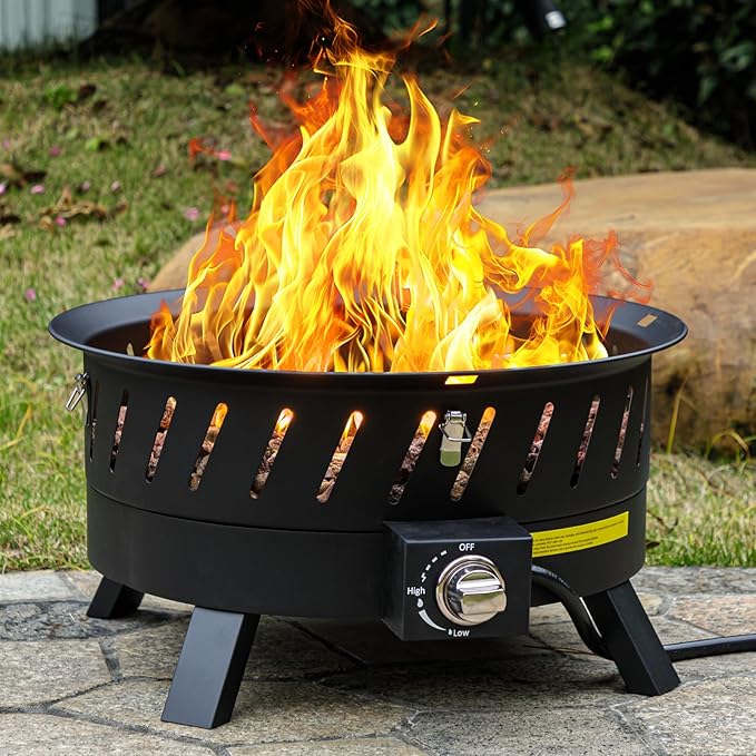 22 inch Portable Propane Fire Pits, Gas Fire Pit Bowl for Outside with Lid & Handle, Smokeless Gas Firebowl,Propane Firepit for Camping, Patio, Yard, Garden