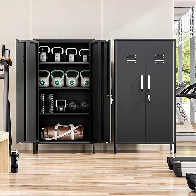 47" Metal Storage Locker, Lockable Employees Metal Locker with 2 Door and Adjustable Shelves, Steel Locker for Home, School, Office, Gym (Black)