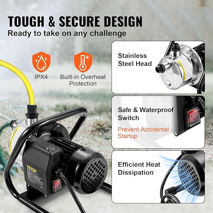 VEVOR 1.5 HP Portable Shallow Well Pump, 1200 GPH Garden Jet Pump, 115V, 164 ft Height, Stainless Steel Sprinkler Booster Pumps for Garden Lawn Irrigation system, Lake Fountain, Water Transfer