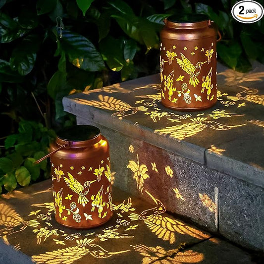 Solar Lanterns Outdoor Waterproof Hummingbird Hanging Solar Lights,Hollowed Metal Lantern Light Decorative for Garden,Patio,Yard,Lawn,Front,Porch Decor Christmas Gifts for Women mom Grandma 2pack