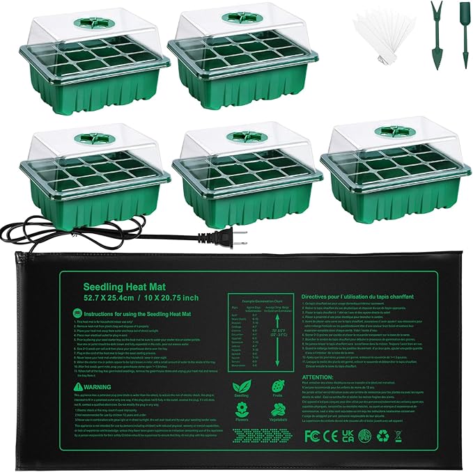 NAMOTEK Plant Heat Mat with 5 Set Seed Starter Tray & Humidity Domes, 60 Cell Trays Germination Station Cloning Kit
