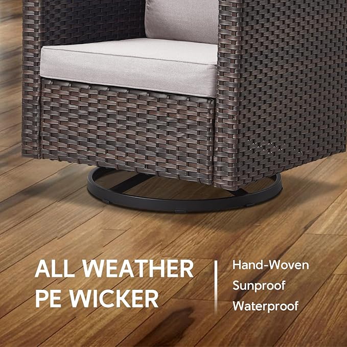 Outdoor Swivel Rocker Chairs - 5 Piece Patio Bistro Set Wicker Patio Rocking Chairs Set with Side Table and Ottomans, 360° Swivel Glider Proch Furniture for Balcony Deck - Brown/Blue