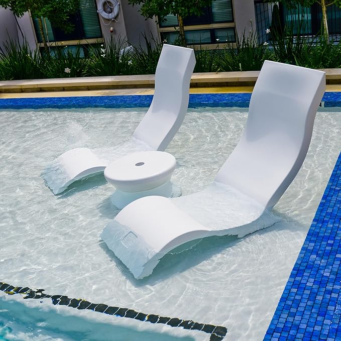 Ledge Lounger - Signature Chair - Inside Pool & Sun Shelf Lounge Chair - Designed for Shallow Shelves Up to 9” - Compatible with All Pool Types - Poolside & Sun Deck Tanning - Set of 2 - White